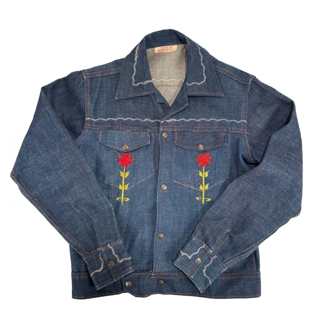 NOS 70s Embroidered Denim Jacket Mushrooms & Flowers Sz 40 Hippie Boho - Picture 7 of 9